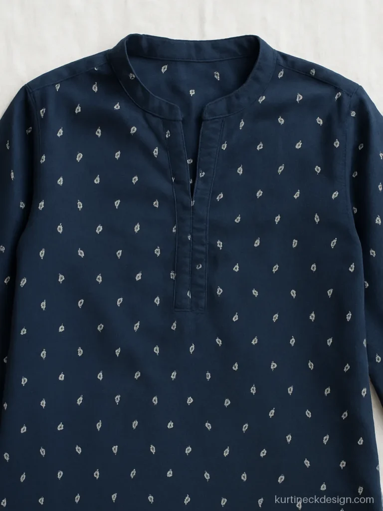 Band collar with a small slit on a navy printed straight kurta