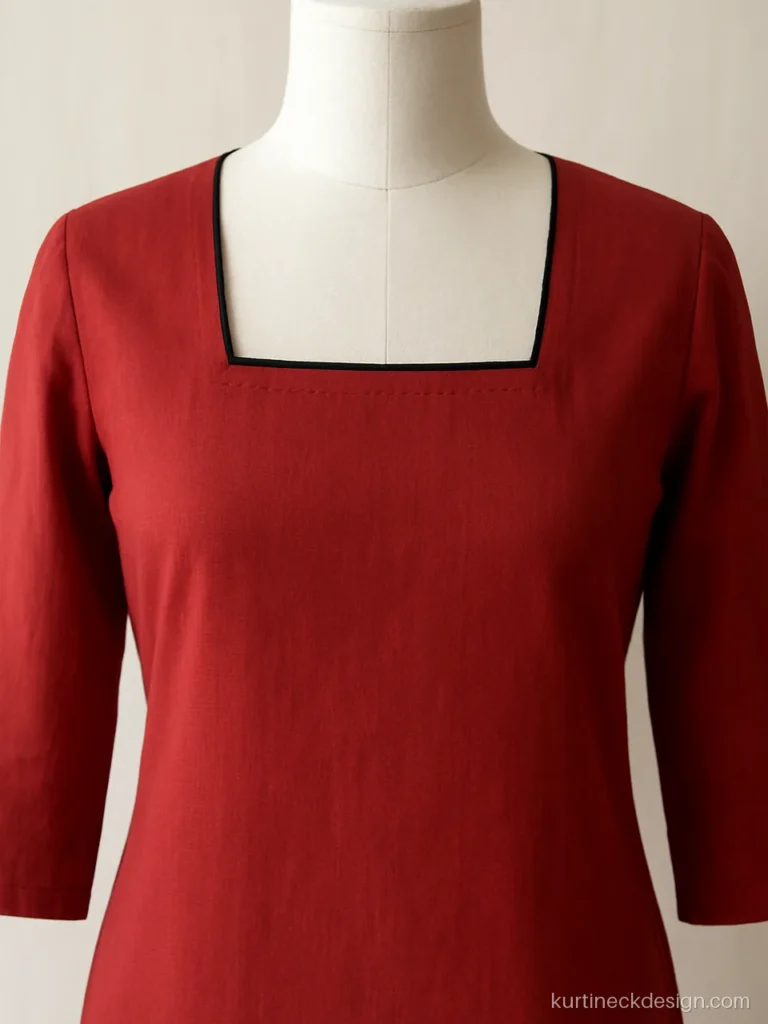 Straight kurti neck design with a piped square on red cotton