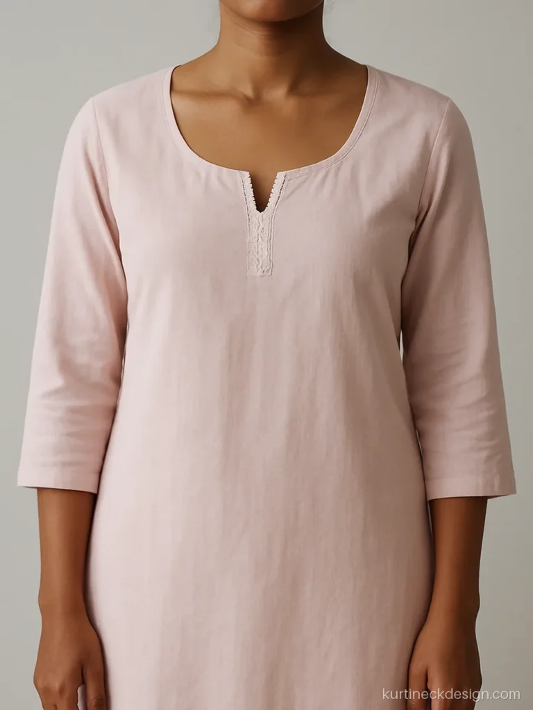 U neck with cotton lace insert on a light pink straight kurti