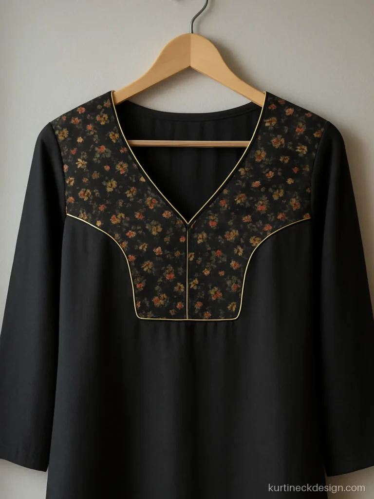 Contrast printed yoke around a V neck on a black rayon kurti