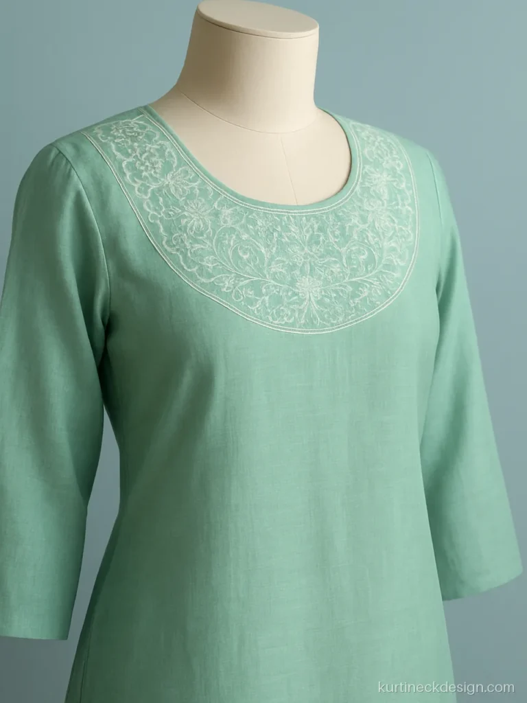 Embroidered round yoke neck on a mint chanderi kurta for women