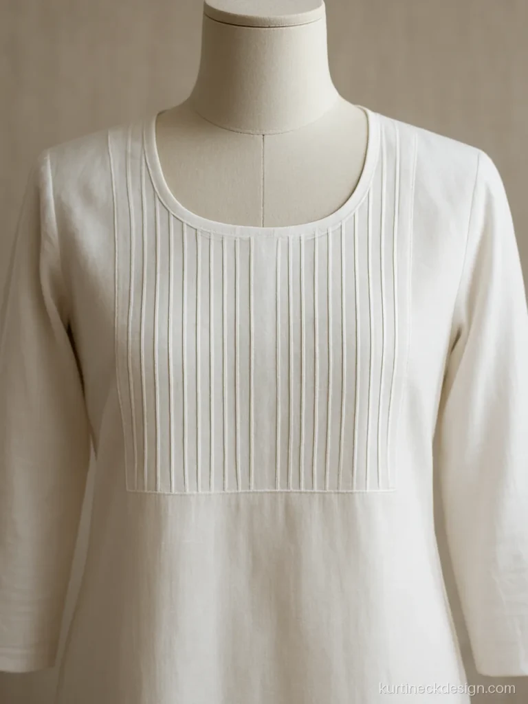 Kurti yoke neck design with pintucks on a white cotton kurta