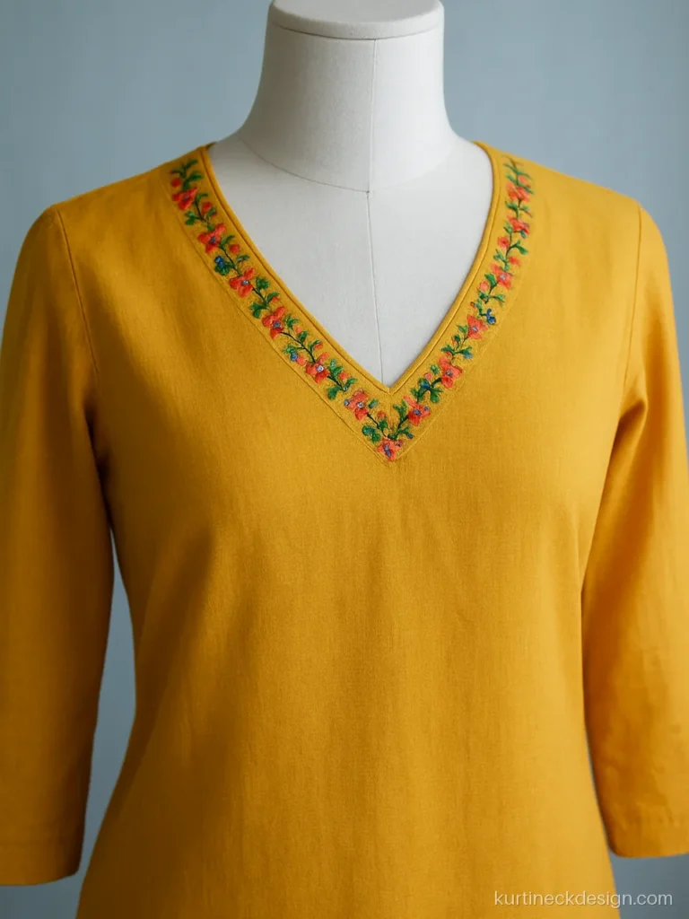 V neck embroidery design in mustard cotton with fine aari work flowers