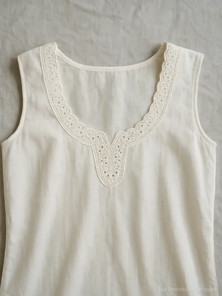 Scallop neck design in white cotton with a U front and cutwork scallops