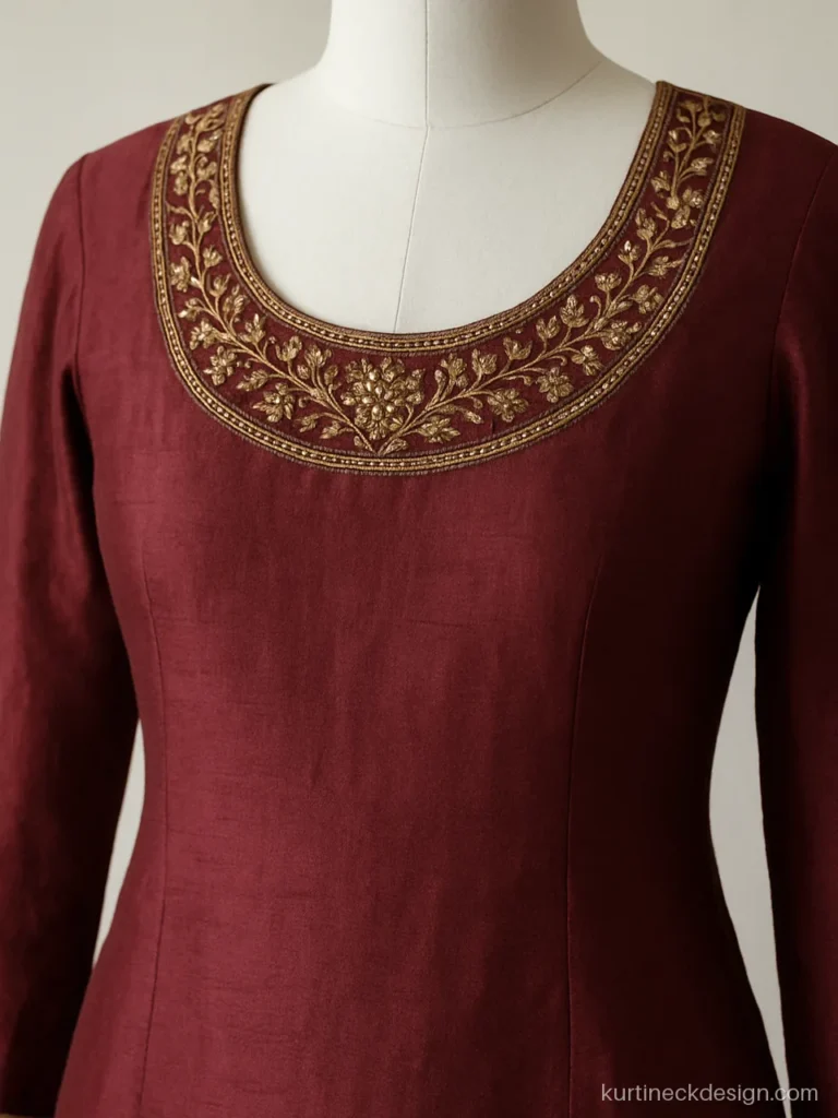 Dabka hand work zardosi neck design on a wine silk suit with a round front