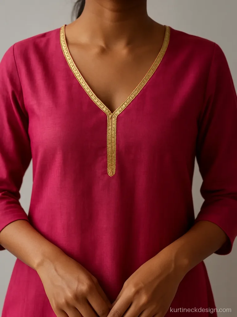 Gota patti lace neck design in rani pink with a V front and gold edging