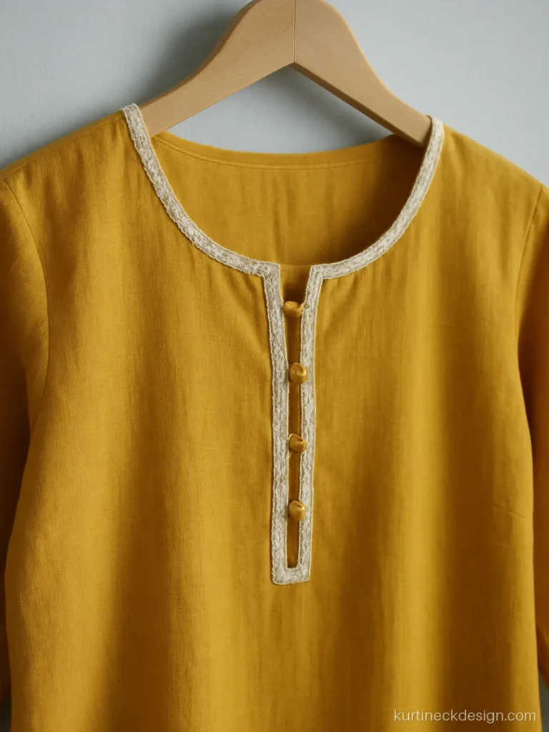 Neck design with buttons and lace in yellow cotton with loop buttons on a slit