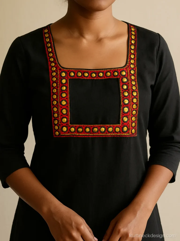 Neck mirror work kurti design in black cotton with a square front and thread work