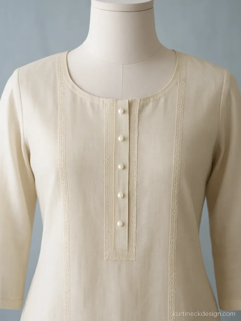 Front button neck design in cream chanderi with lace on both sides of the placket