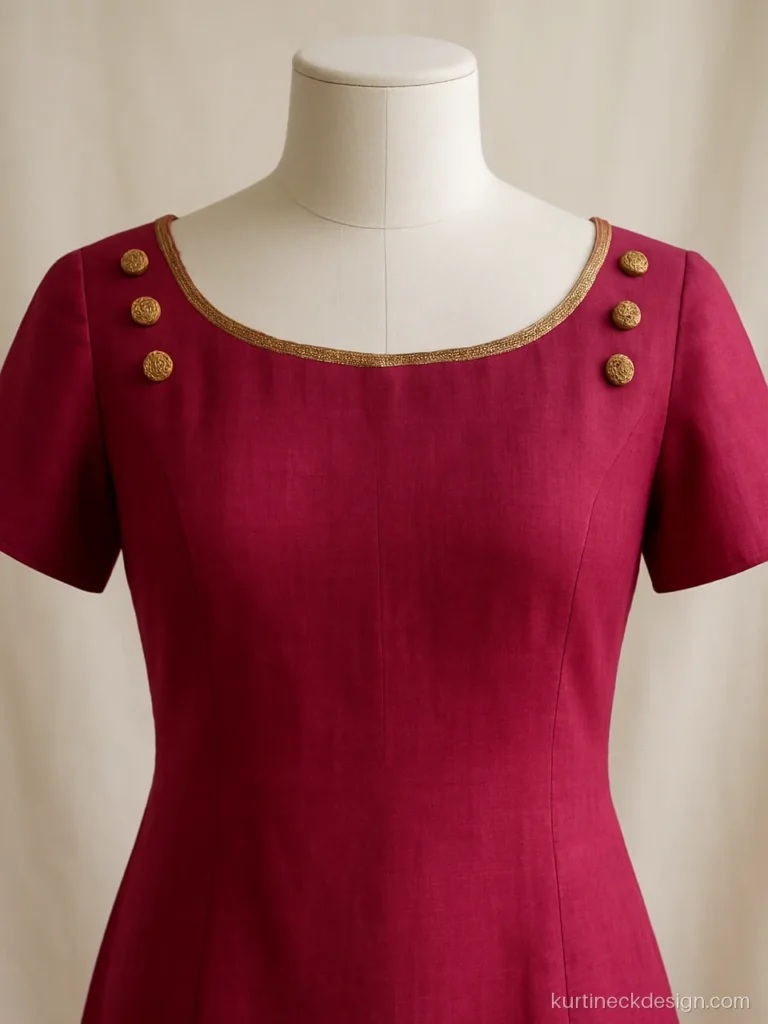 Potli button boat neck design in magenta with gold lace along the wide neckline