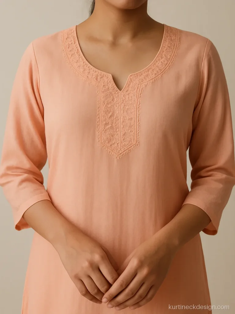 Front neck design with lace in peach georgette with a soft net lace border