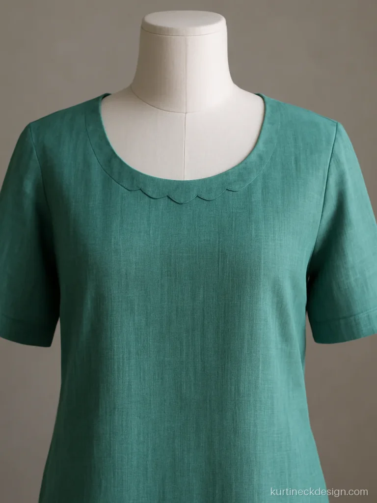 Scallop neck design for kurti in sea green cotton with small even scallops
