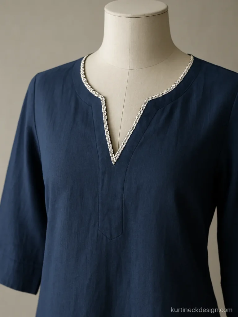 V shape neck design with lace in navy cotton edged with white crochet lace