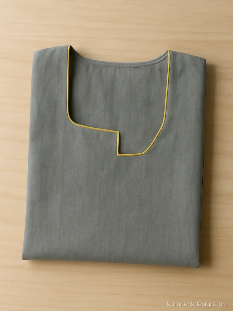 Grey kurti with angled square neck and contrast yellow piping
