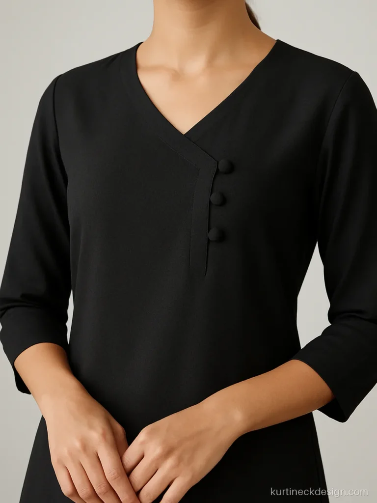 Trendy modern kurti neck design with off centre V and side buttons