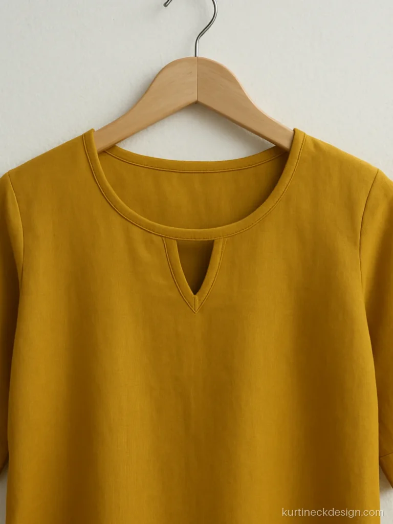 Bold neck design with small diamond cutout under a round mustard neck