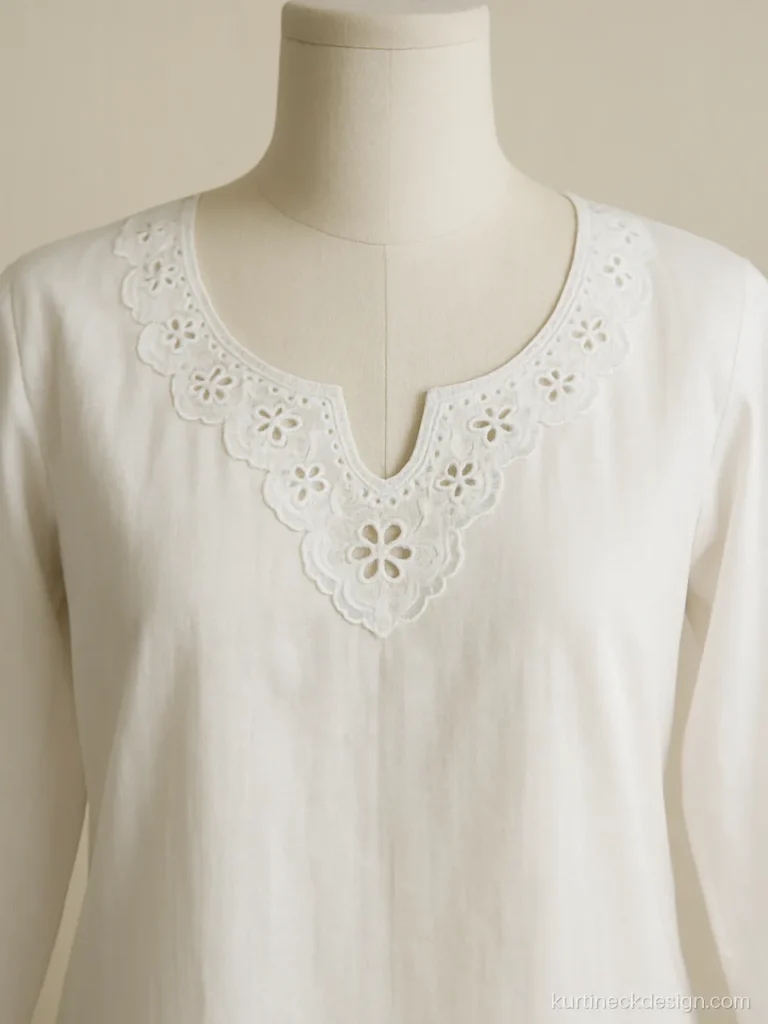 White cotton kurti with trending neck design in cutwork scallops