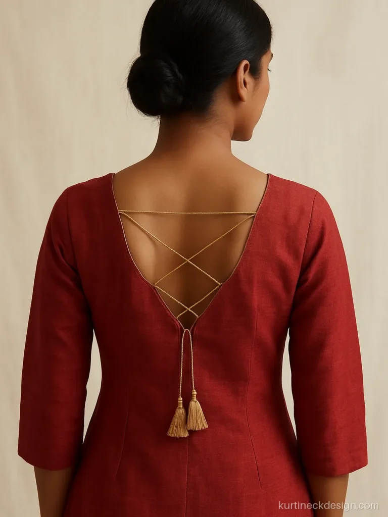 Red festive kurti back with criss cross dori across a deep U
