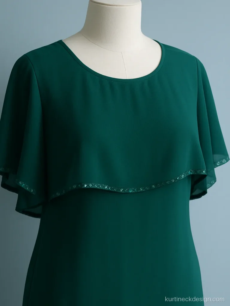 Fancy neck design with sheer cape layer and sequins on emerald georgette