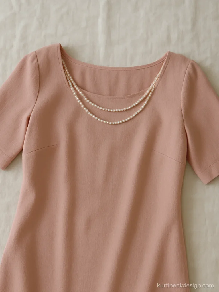 New fancy neck design on blush kurti with draped pearl strings