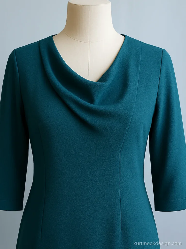 Teal crepe kurti with asymmetric drape neck on one shoulder