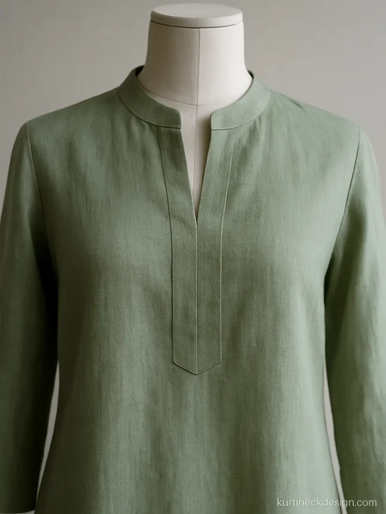 Modern kurti neck design in sage linen with split collar and notch
