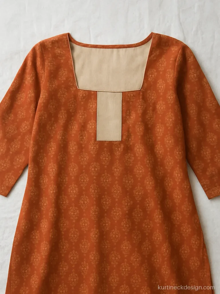 Rust cotton kurti with square neck and a contrast yoke panel