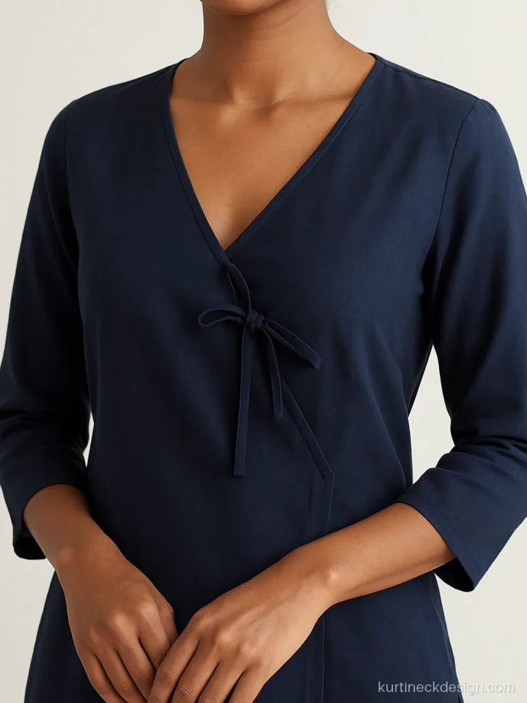 Stylish suit neck design in navy with soft tie bow at the side