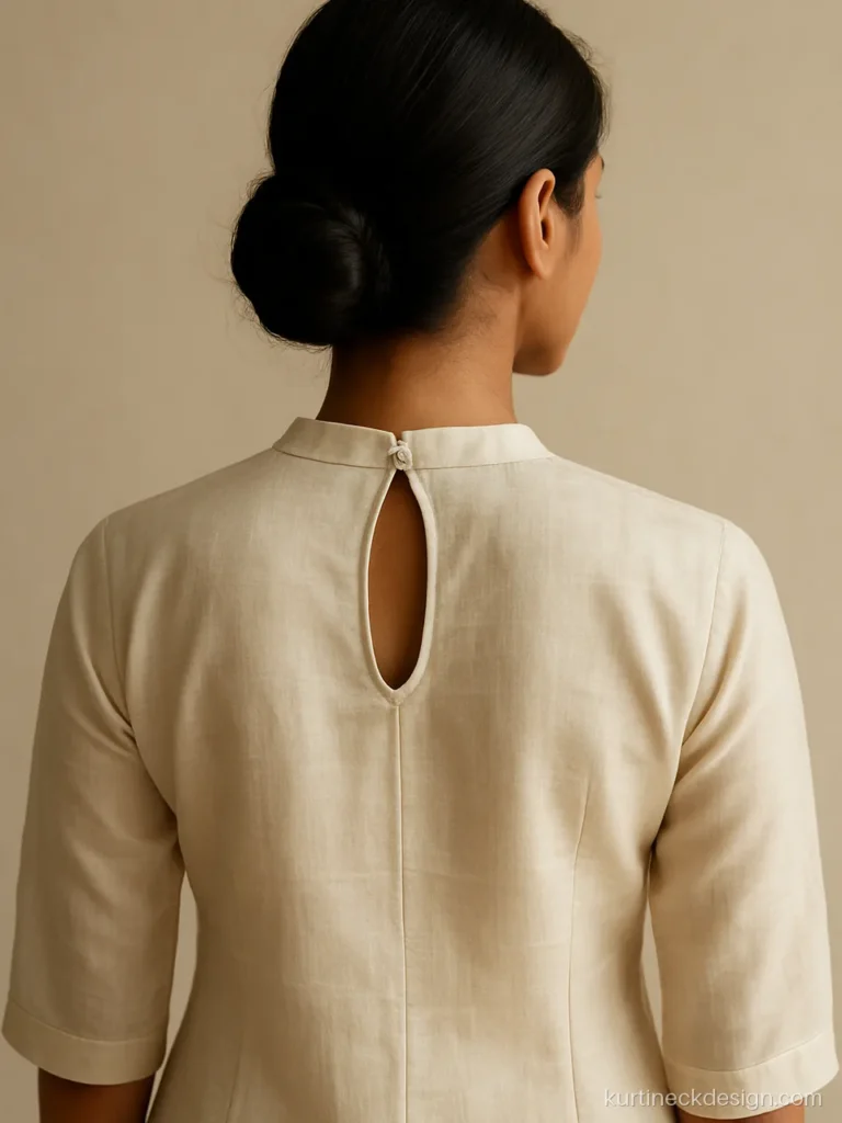 Ivory suit with high front neck and keyhole back with loop button