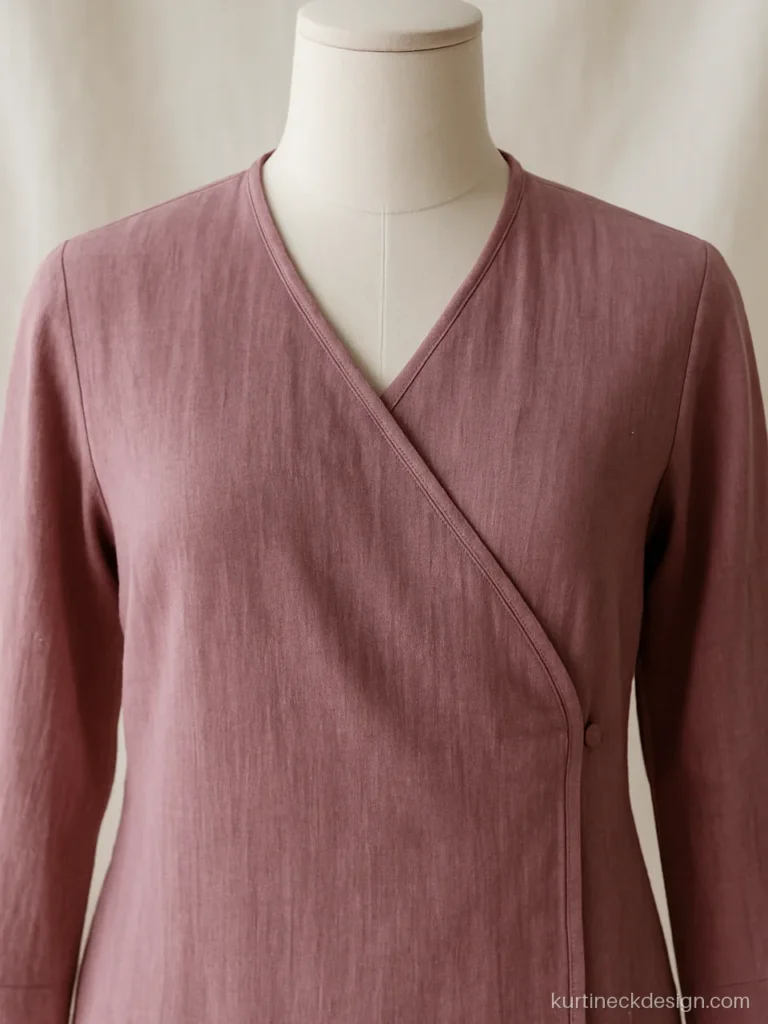 Latest suit neck design in mauve with overlapping front and fine piping
