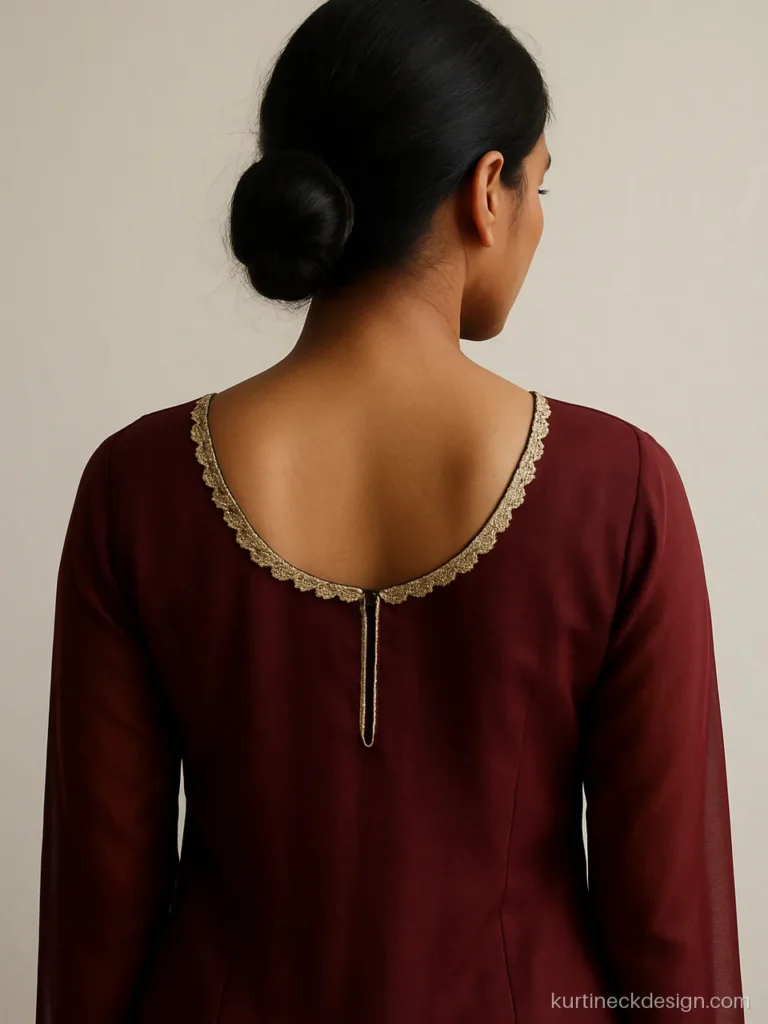 Pakistani neck design with lace on a maroon chiffon back U neck