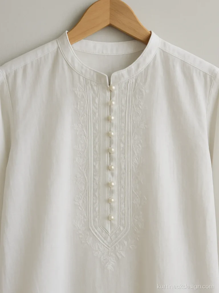 White Pakistani kurti neck design with a band collar and long pearl button placket