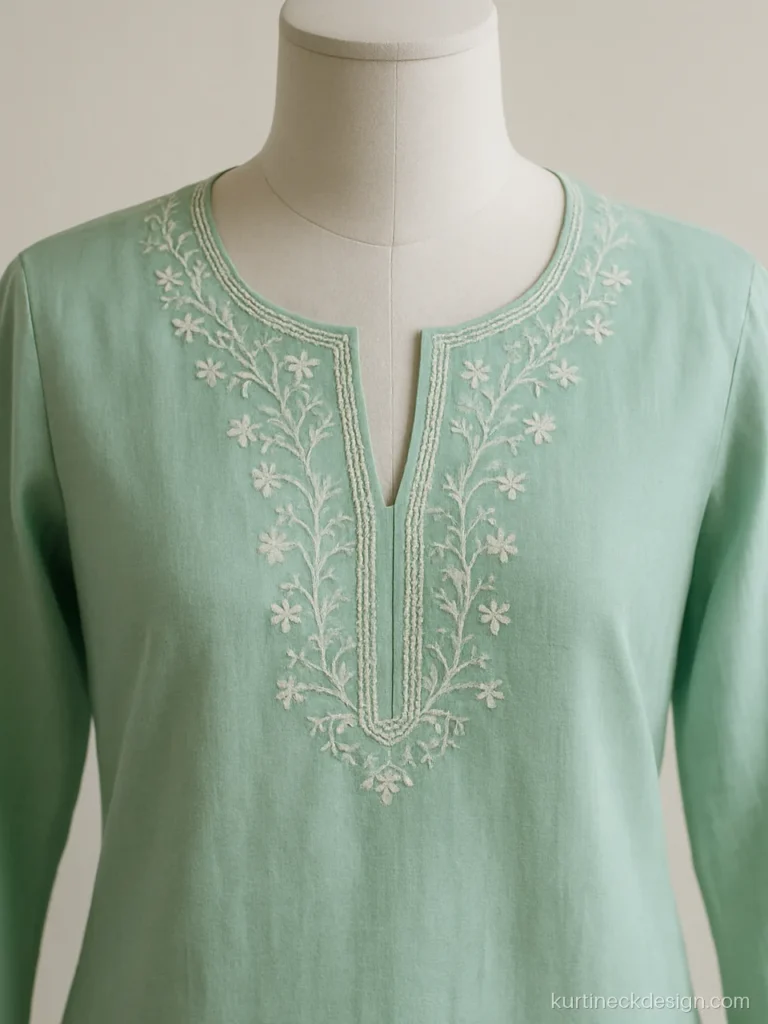 Pakistani suit neck design in mint lawn with an embroidered gala patch and slit