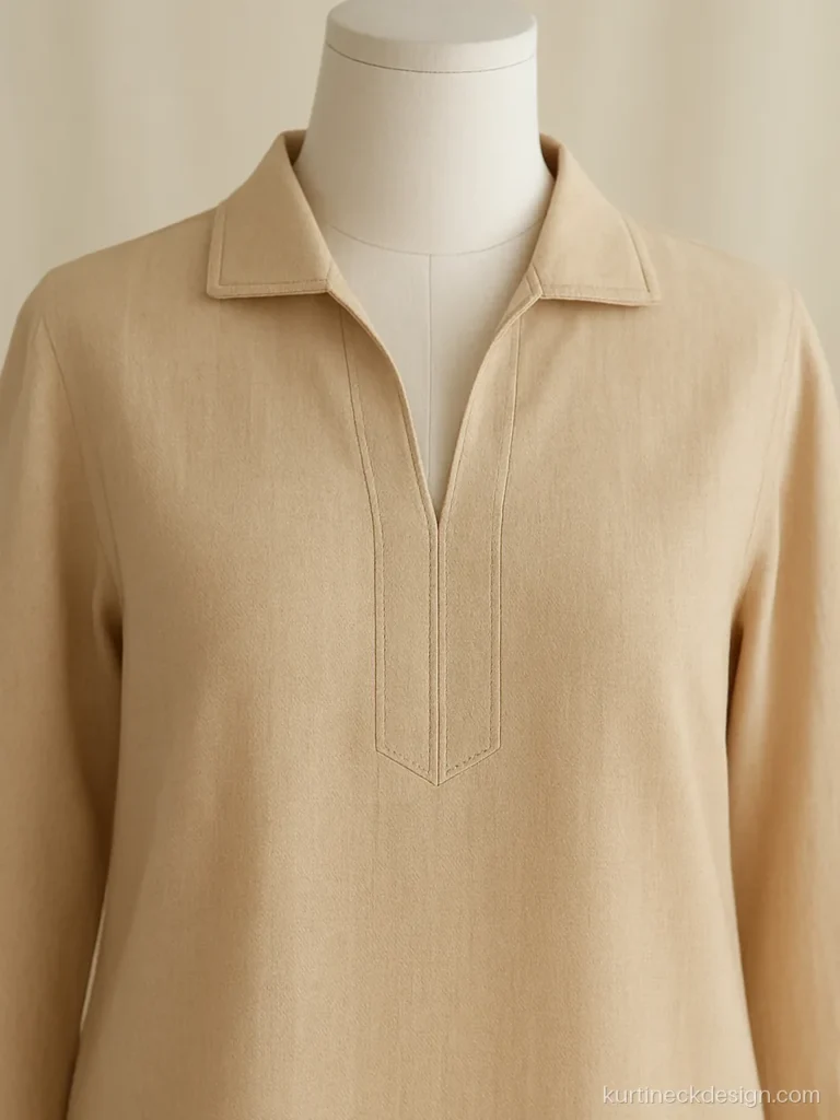 Stylish Pakistani kurti neck design with a notch collar in beige khaddar