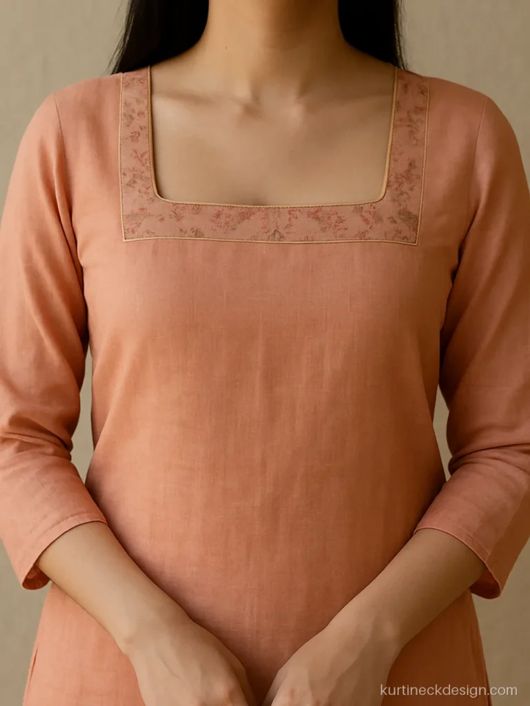 Stylish Pakistani neck design in peach with a square neck and organza border