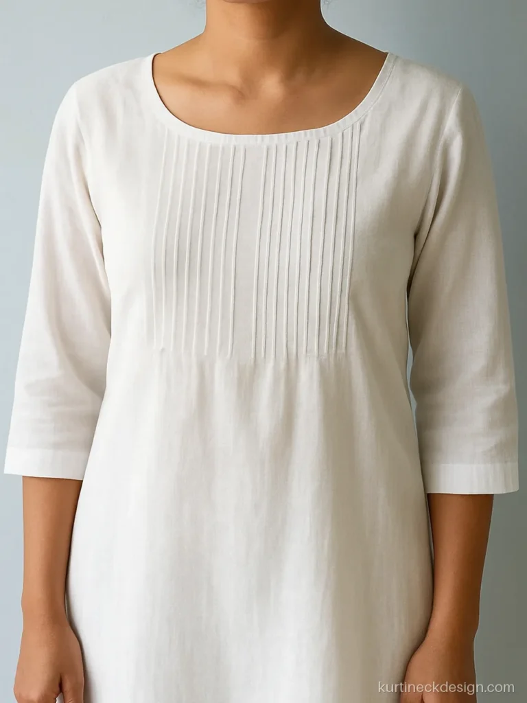 Pakistani kurti neck design in white cotton with a boat neck and pintucks