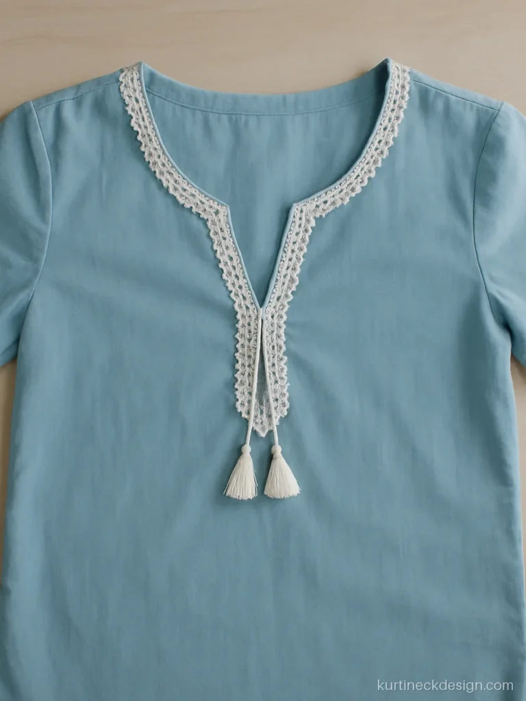 V neck Pakistani suit design in sky blue cotton with crochet lace and tassels
