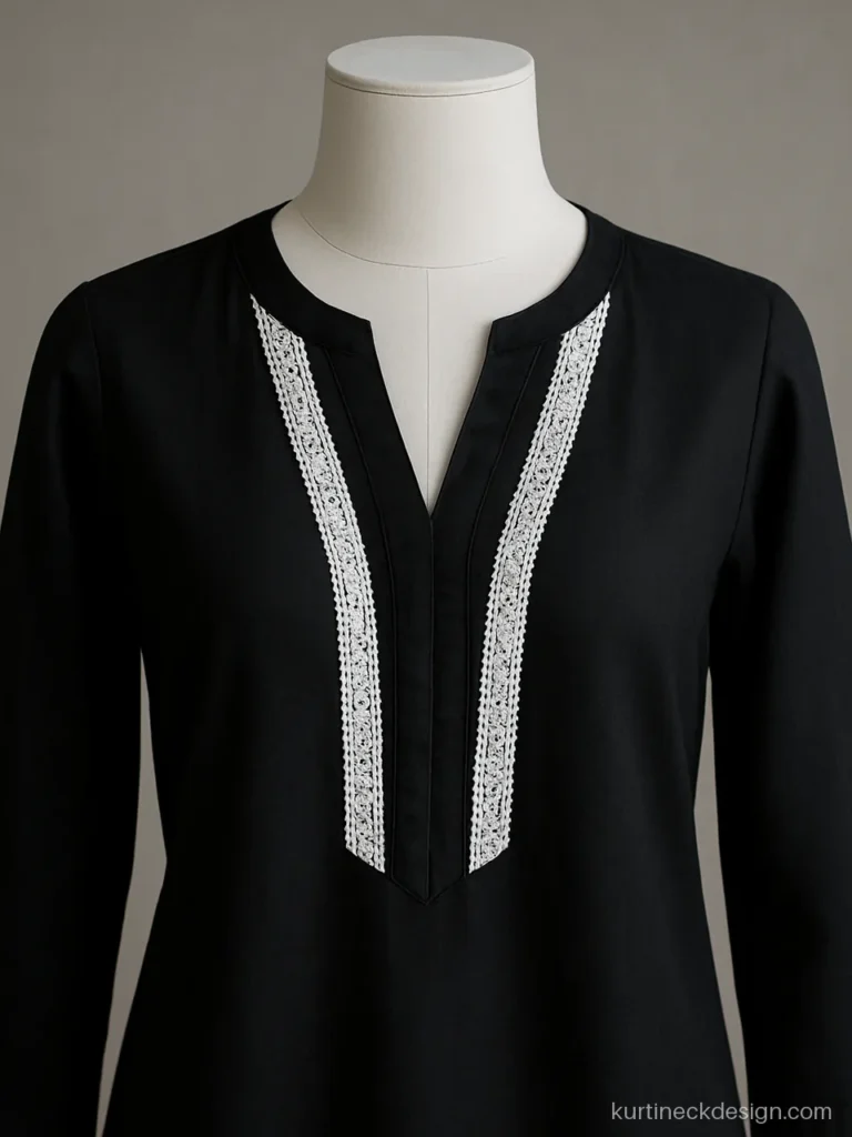 Pakistani V shape neck design with lace inserts on a black lawn kameez