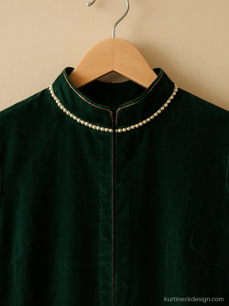 Bottle green velvet Pakistani kurti neck design with a high neck and pearls