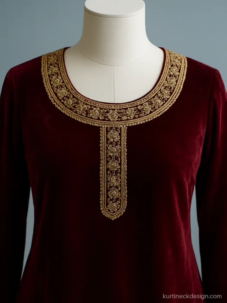 Pakistani velvet neck design in maroon with zardozi work around a round neck