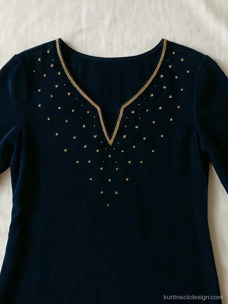 Navy velvet kameez with a V neck edged in thin gota and small sequins