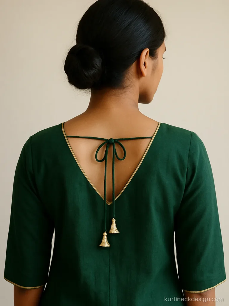 Back V neck with piping and a dori tie on a bottle green cotton suit
