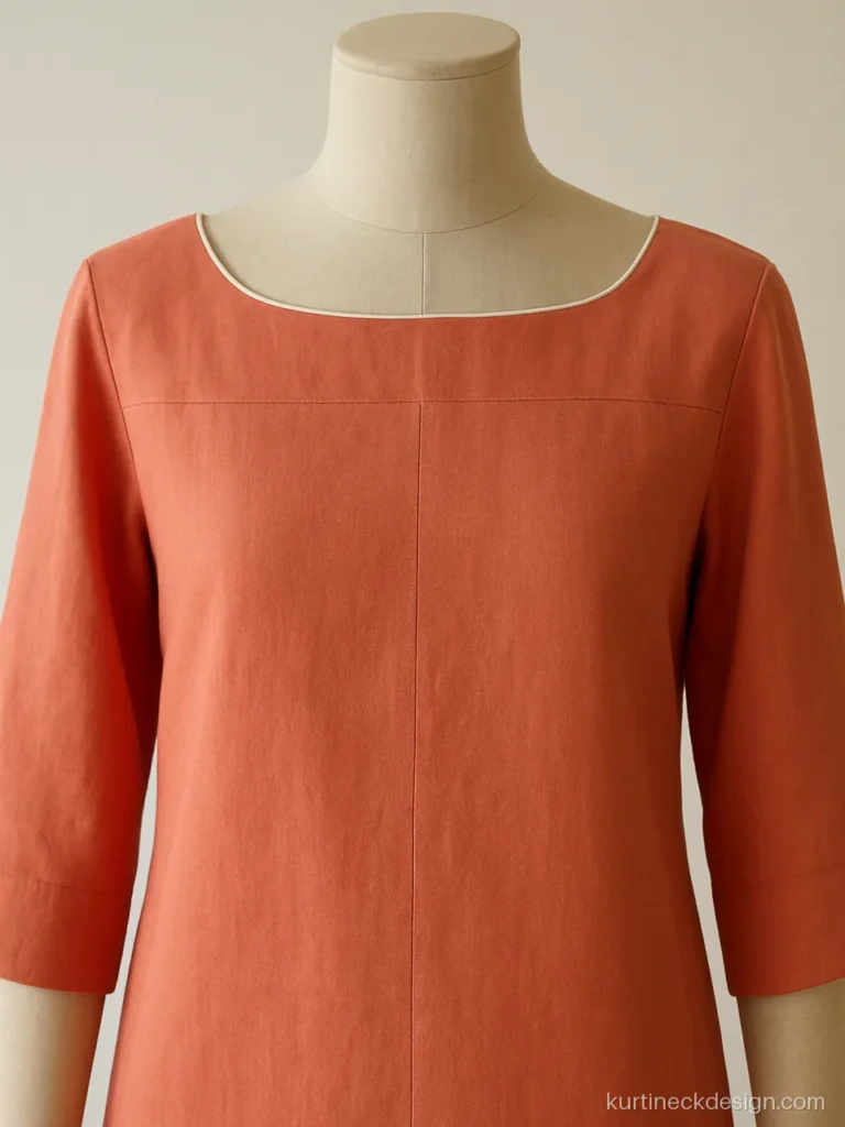 Front boat neck piping neck design on a coral cotton kurti with white piping
