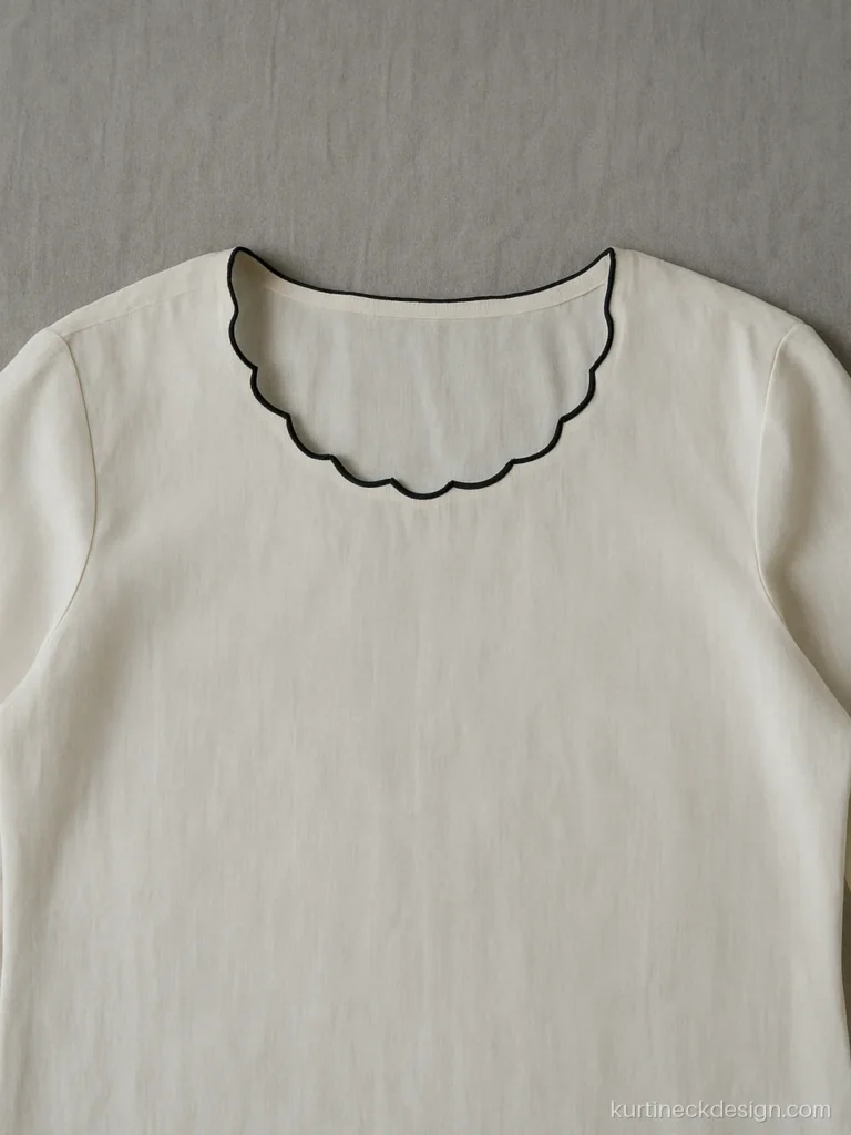 Piping modern kurti neck design with black piping on a white scalloped neck