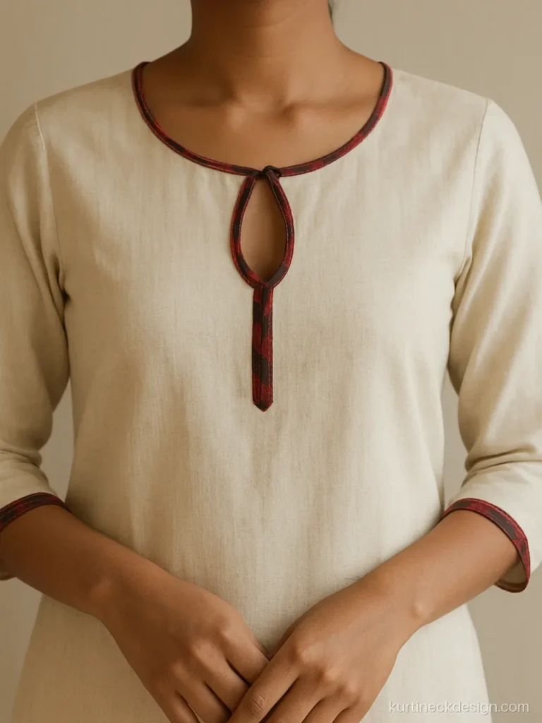 Piping front suit neck design with ikat piping around a teardrop cut on cream