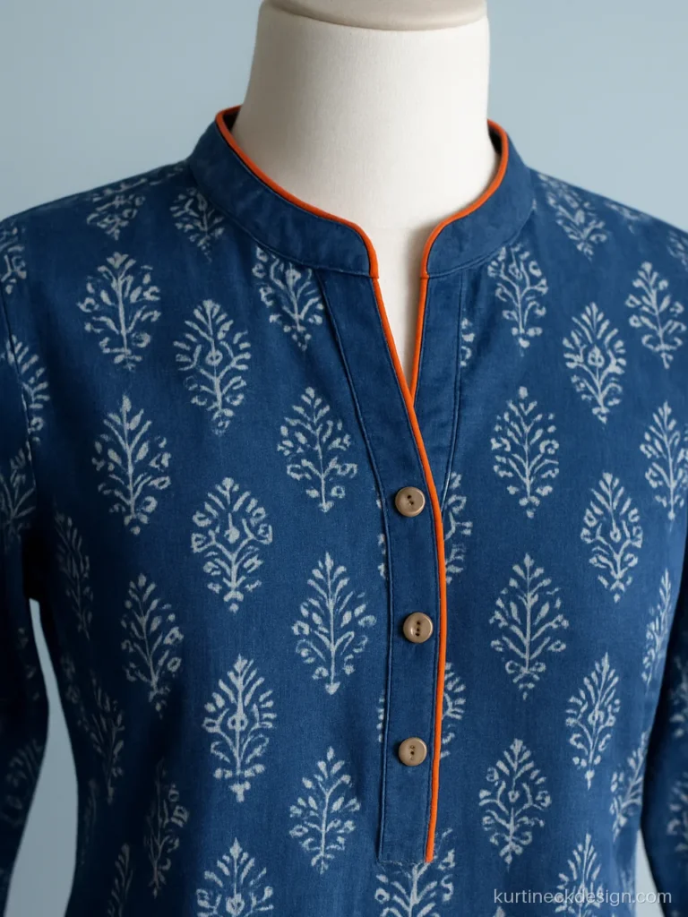 Front kurti neck design with piping in orange on an indigo band collar