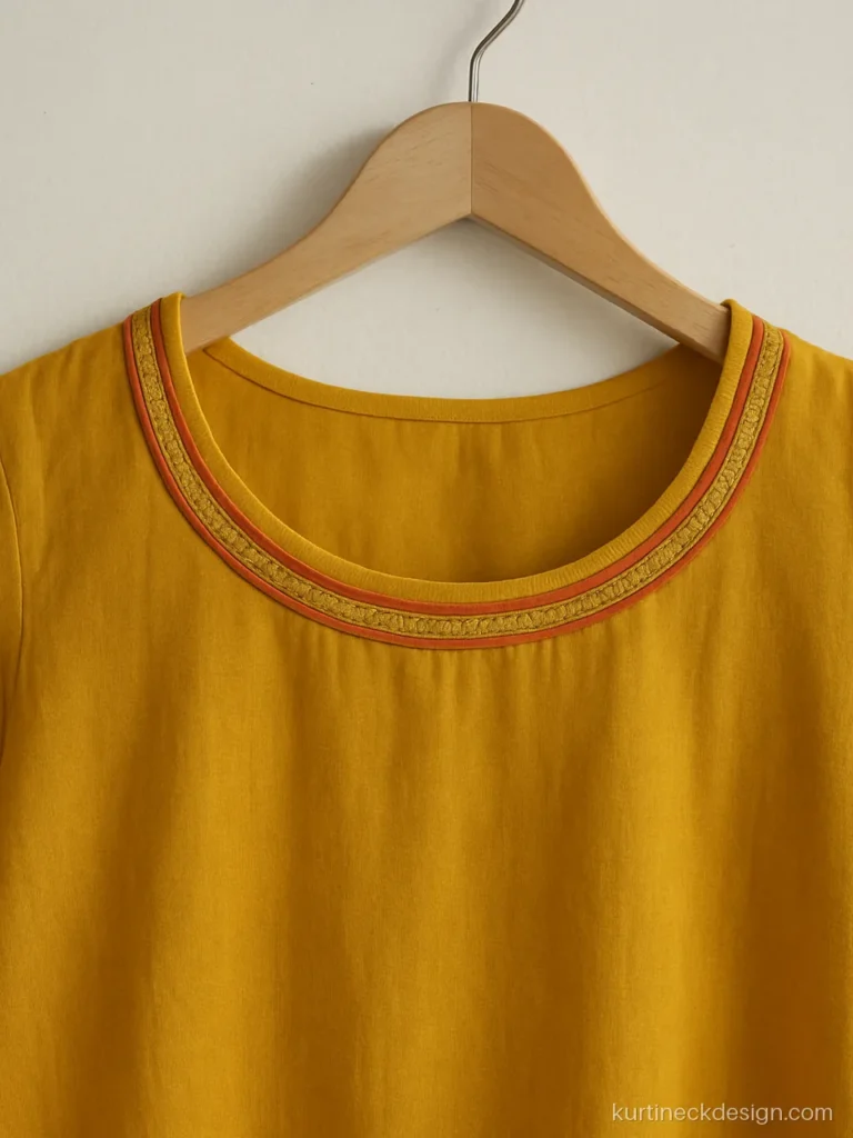 Latest piping neck design with double piping and a gota line on yellow mul