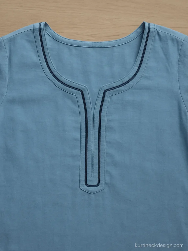 Double navy piping on a U neck of a sky blue cotton office kurti