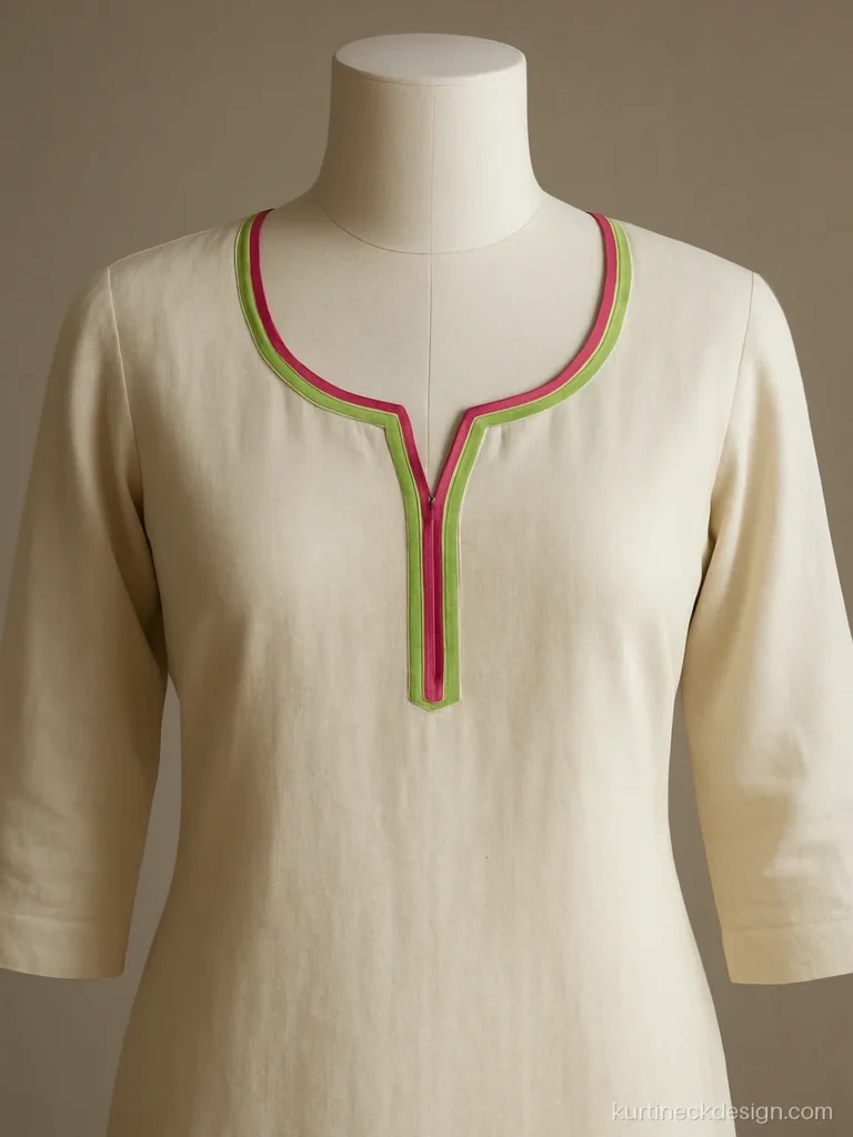 Double piping neck design in pink and green on a cream cotton kurti