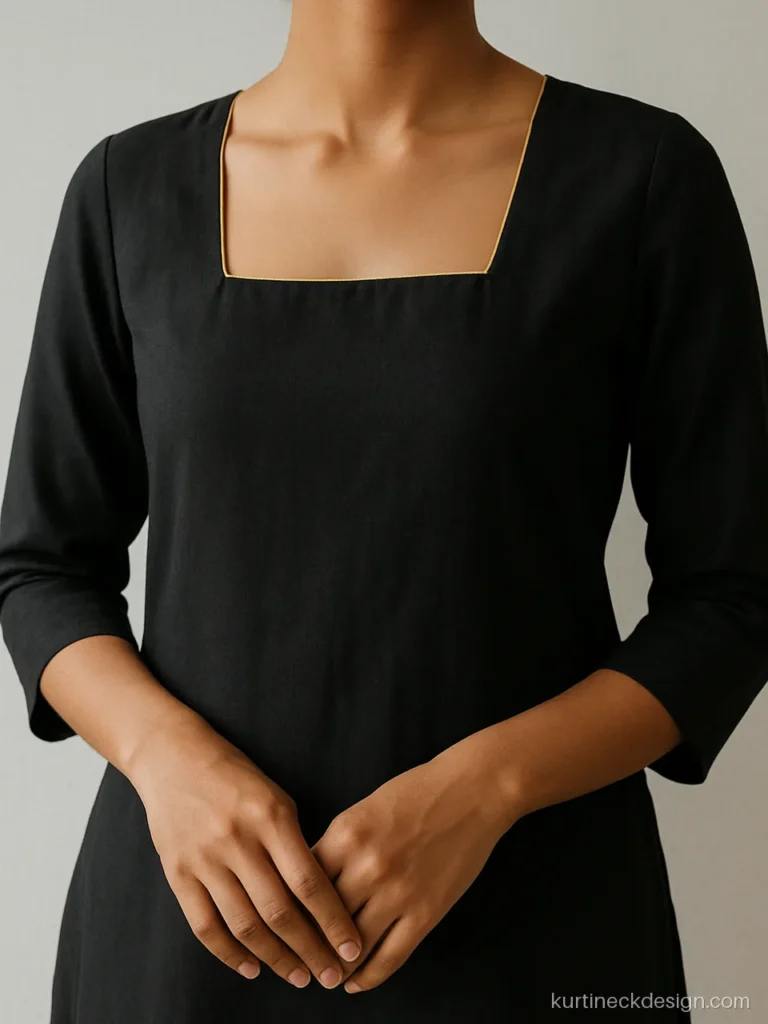 Square neck with a single gold piping line on a black rayon kurti